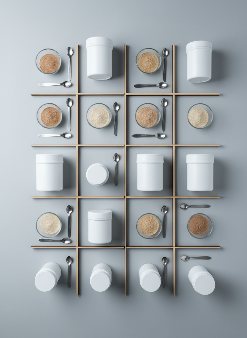 An overhead, photographic view of a tidy “Isagenix comparison” layout: several plain white tubs and bottles of different sizes arranged in a grid on a light grey table, each separated by slim wood dividers like a review board. Small glass bowls hold sample powders in varying shades of beige and light cocoa, alongside stainless steel measuring spoons. Cool, even studio lighting from above ensures sharp, shadow-minimized detail across the entire frame, emphasizing clarity and analysis. The composition is symmetrical and organized, with a neutral background and no text or logos, evoking a methodical, research-driven mood ideal for an independent review site.