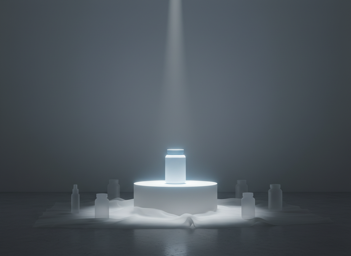 A sleek "coming soon" style scene for new Isagenix reviews: a minimalist white pedestal in the center of a studio-like space, holding a single, backlit, unlabeled product silhouette shaped like a supplement tub. Surrounding it on the floor are faintly visible outlines of other containers under a thin translucent fabric, hinting at more products to come. A narrow beam of cool, focused light from above creates a halo effect around the main silhouette while the rest of the room remains softly lit, with gentle gradients of grey. Photographic realism with a dramatic, high-contrast yet clean composition, shot at eye level, communicates anticipation and professionalism without using text or branding.