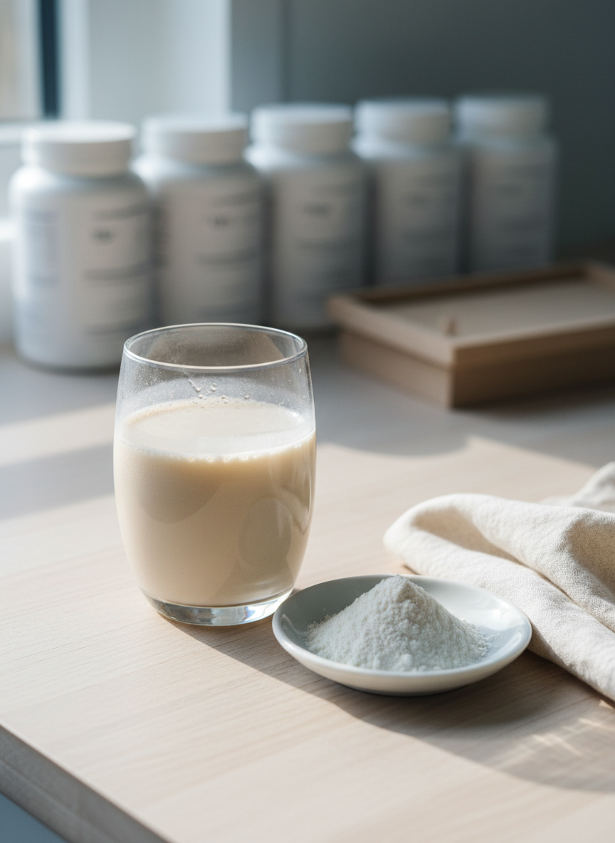 A close-up, photographic image of a single Isagenix-style protein shake in a clear, condensation-kissed glass, the creamy liquid layered beside a neatly stacked scoop of fine powder on a small ceramic dish. Both rest on a light wood countertop with a folded linen napkin. In the softly blurred background, rows of simple, unlabeled white supplement tubs and a subtle “coming soon” feel suggested by an empty product stand. Diffused daylight from a nearby window casts soft highlights on the glass and gentle shadows, creating a calm, informative atmosphere. Captured from a slightly elevated angle with a minimalist, professional composition to illustrate in-depth product reviews.
