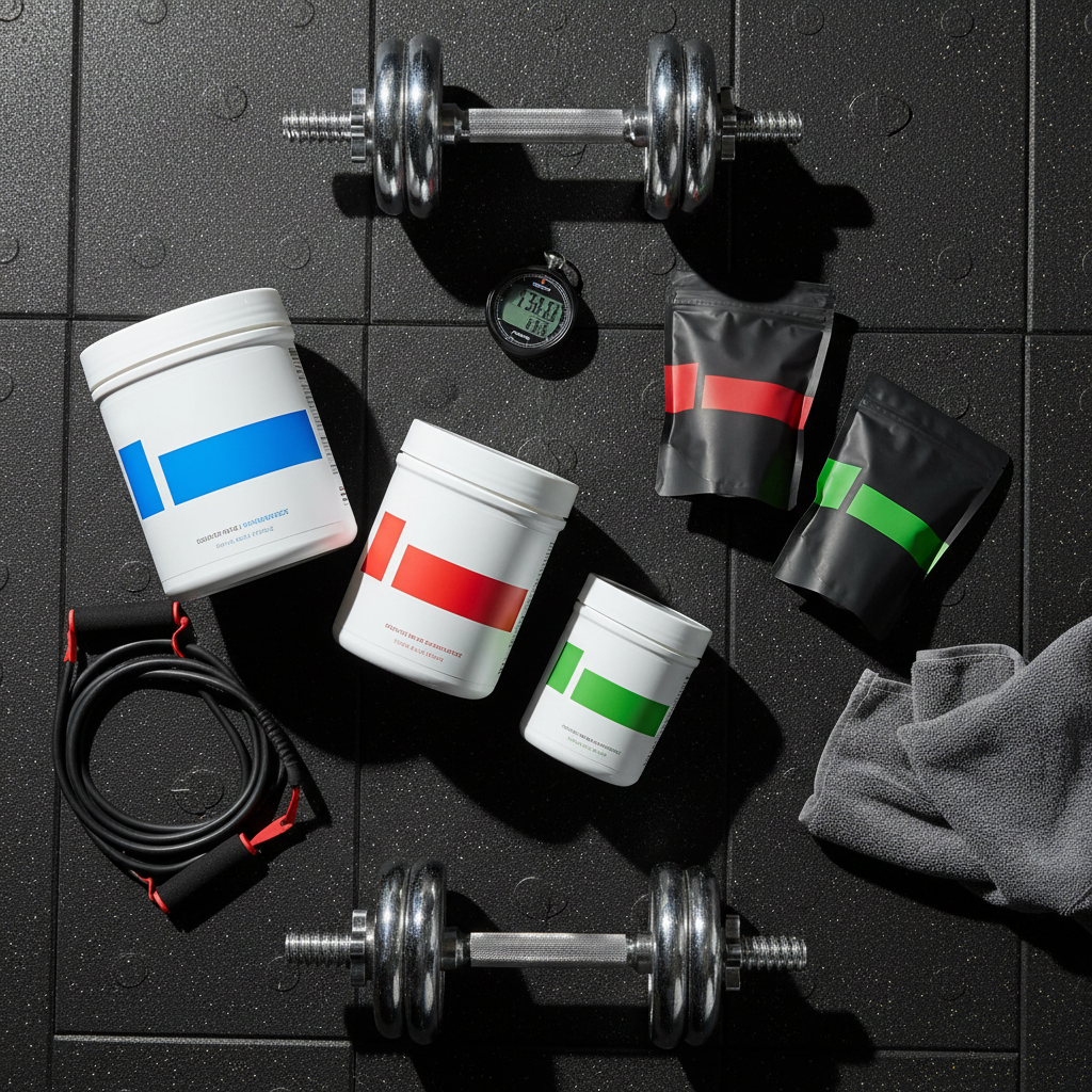 A dynamic flat-lay of Isagenix-style performance products arranged on a dark rubber gym floor: white tubs labeled only by color bands, flexible pouches, and a pair of metallic dumbbells framing the scene. A stopwatch, resistance band, and a folded microfiber towel complete the fitness context. Bright, directional overhead gym lighting creates crisp, short shadows and subtle reflections on metal and plastic surfaces, adding energy and focus. Photographic realism with high contrast and rich detail, shot from directly above to emphasize organization and variety. The composition feels bold and action-oriented, supporting niche content about performance-focused product reviews for more serious fitness enthusiasts.