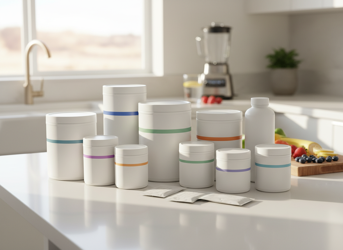 A neat arrangement of Isagenix product containers in neutral, unlabeled packaging, styled as sleek white tubs, bottles, and packets with subtle colored bands to imply different formulas, placed on a clean white kitchen island. In the background, softly blurred, are hints of fresh fruits, a stainless steel blender, and a glass of water to suggest healthy habits without showing people. Soft morning natural light pours in from a window on the left, creating gentle reflections on the glossy surfaces and faint shadows on the countertop. Photographic realism with a clean, modern aesthetic, shot at eye level with a shallow depth of field, conveys a professional, trustworthy mood suitable for independent product reviews and shopping guidance.