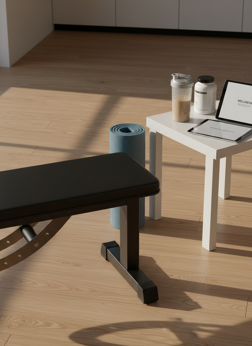 A modern home workout corner featuring a low, matte-black bench and a rolled, slate-blue fitness mat on a smooth, light oak floor. On a nearby white side table sits a shaker bottle filled with a frothy Isagenix-style shake, next to two simple, unlabeled supplement tubs and a digital tablet resting in standby, suggesting guided shopping and research. Late afternoon natural light streams through an off-frame window, creating long, soft-edged shadows and a warm, motivating atmosphere. The photographic image is shot from a low, three-quarter angle, using the rule of thirds to highlight the nutrition products in context with wellness and fitness, reinforcing the site’s balanced, professional personality.