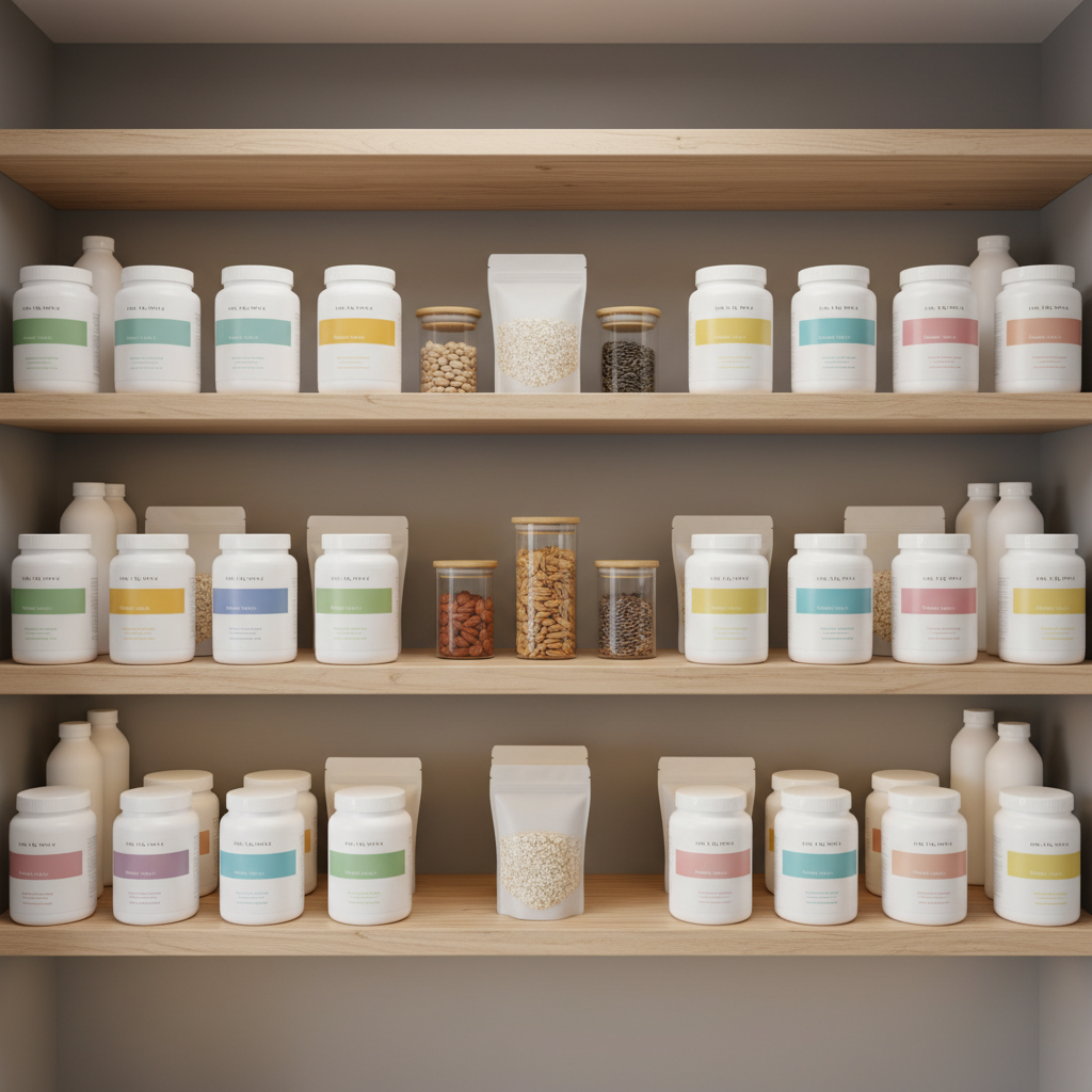 An organized pantry shelf dedicated to Isagenix-style products, featuring rows of uniformly styled white tubs, pouches, and bottles, each with subtle color accents to suggest different blends without real branding. Clear glass jars of oats, nuts, and seeds sit alongside, reinforcing a wellness lifestyle. The shelves are light wood against a soft, matte grey wall. Warm, overhead cabinet lighting casts gentle, even illumination, creating soft shadows under each item and subtle highlights on smooth surfaces. Photographic realism with a slightly elevated, straight-on composition ensures all labels remain generic and text-free, evoking a sense of preparedness and curated shopping guidance for visitors exploring product lineup reviews.