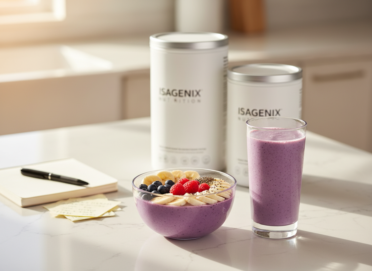 A bright kitchen counter scene highlighting Isagenix-style meal replacement options: a neatly arranged smoothie bowl topped with sliced bananas and berries, a tall glass of blended shake with subtle condensation, and two understated white product tubs in the background. The counter is light quartz, with a small stack of review notes implied by a closed notebook and pen off to the side. Morning sunlight streams through an unseen window, creating delicate highlights on the glass and fruit and soft reflections in the countertop. Shot from a three-quarter angle with a shallow depth of field, the foreground food is crisp while the product tubs are gently blurred, reflecting a friendly yet professional review and shopping guidance tone.