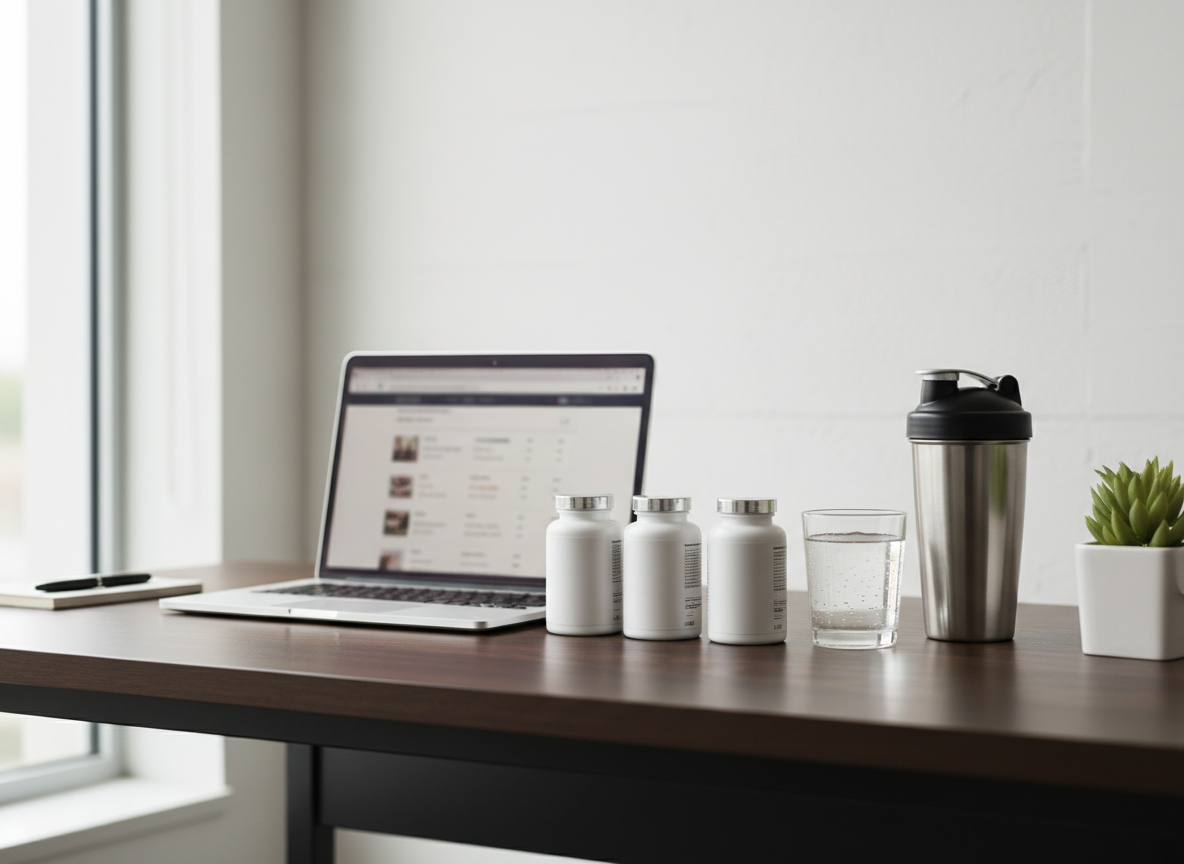 A tidy office-style desk setup used for Isagenix research: a slim laptop displaying an out-of-focus product comparison page, next to a row of three simple, unlabeled supplement bottles aligned on a dark walnut desk. A clear glass of water, a stainless steel shaker bottle, and a small potted plant add freshness. Cool, even daylight from a nearby window illuminates the scene, with soft shadows adding depth but not distraction. The photographic composition uses the rule of thirds, focusing sharply on the products and water glass while the screen remains blurred, emphasizing unbiased research and decision-making. The mood is calm, analytical, and trustworthy, matching a professional review site.